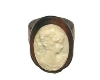 Vintage Cameo Ring Wood & Resin, Ornate Handmade