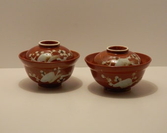 Vintage pair Otagiri donabe clay cooking pots serving dish hand crafted and painted