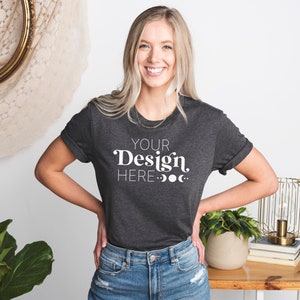 Bella Canvas 3001 Dark Grey Heather Mockup | Model Mockup | Boho Shirt Mockup | Cute Shirt Mockups | Print on Demand