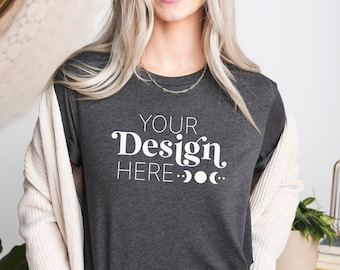 Bella Canvas 3001 Mockup Heather Dark Gray T shirt | Model Mockup Heather Dark Grey T Shirt Mockup