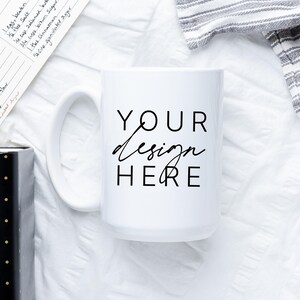 15oz Mug Kitchen Mockup | Coffee SVG Mockup | White Glossy Mug Mockup 15 oz Print on Demand Coffee Cup Flat Lay Mockup