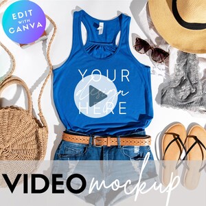 Video Mockup | 8800 Mockup True Royal | 4th of July Tank Top Mockup | Women&#39;s Flowy Racerback Tank Mock Up | Bella Canvas Flat Lay | Summer