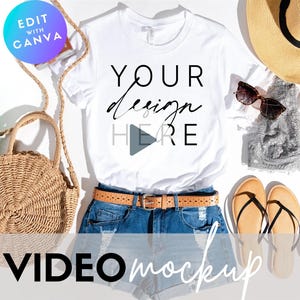 Video Mockup | Bella Canvas 3001 T-Shirt White Summer | Bella Canvas 3001 White Flat Lay | Summer Mockup | White Tshirt Mockup \ SVG Mockup