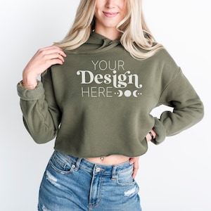 7502 Crop Hoodie Mockup Military Green | Bella Canvas 7502 Women&#39;s Cropped Fleece Hoodie Mockup | Model Mockup | SVG Mockup | Spring Mockup