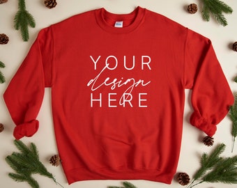 Christmas Mockup red sweatshirt 18000 gildan | Gildan 18000 Red Mockup | Christmas 18000 Mockup | Christmas Sweatshirt Mockup
