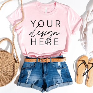 Bella Canvas 3001 T-Shirt Pink Summer | Bella Canvas 3001 Mockup | Bella Canvas Pink Shirt Mockup | Flat Lay Mockup | Hanging Tshirt Mockup