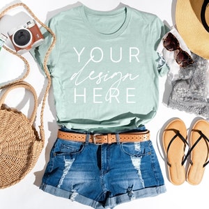 Bella Canvas 3001 T-Shirt Heather Prism Dusty Blue Summer | Bella Canvas 3001 Mockup | Bella Canvas Heather Prism Dusty Blue Shirt Mockup |
