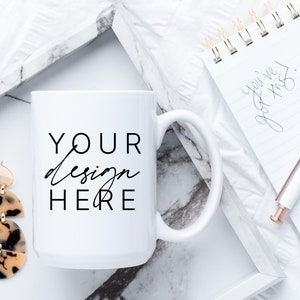 15oz Mug Mockup | White Glossy Mug Mockup 15 oz Print on Demand Coffee Cup Flat Lay Mockup | Coffee SVG Mockup