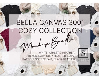 Pacchetto di mockup Bella Canvas 3001 / Mockup Bella Canvas / Mockup Bella Canvas 3001 / Vista dall'alto / Mockup di t-shirt / Mockup di t-shirt autunnale