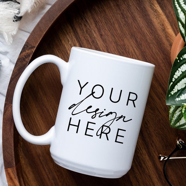 15oz Mug Mockup | Print on Demand Mug Mock up | 15 oz Mug Mock Up | Blank White Mug Flat Lay Coffee Beans Coffee Cup