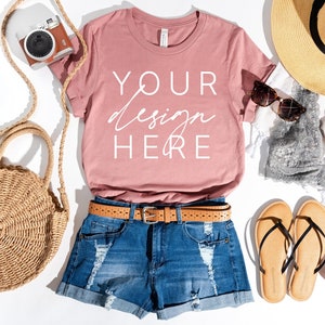 Bella Canvas 3001 T-Shirt Mauve Summer | Bella Canvas 3001 Mockup | Summer Flat Lay | Mauve tshirt Mockup | Bella Canvas Mauve Mockup