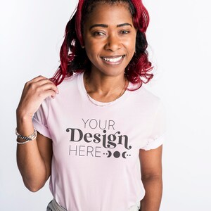 Spring T-shirt Mockup | Bella Canvas Mockup | Bella Canvas 3001 Pink Mockup | Black Model Mockup | Pink Shirt Mockup