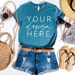Bella Canvas 3001 T-Shirt Heather Deep Teal Summer | Bella Canvas 3001 Mockup | Bella Canvas Heather Deep Teal Shirt Mockup | Summer Mockup
