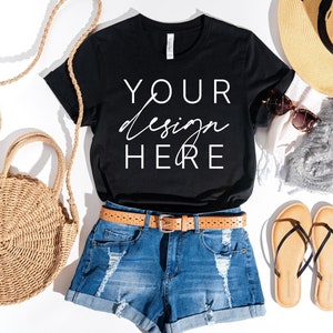 Bella Canvas 3001 T-Shirt Black Summer | Bella Canvas 3001 Mockup | Black Shirt Mock Up | Summer Flat Lay | Summer Mockup
