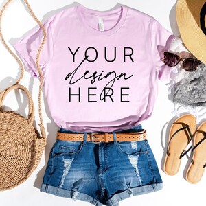 Bella Canvas 3001 T-Shirt Lilac Summer | Bella Canvas Lilac T-Shirt Mockup Flat Lay | Spring Bella Canvas Mockup