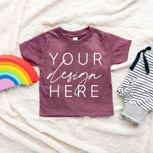 Heather Maroon 3001B Mock Up | Infant T Shirt Mockup | Unisex Baby Tee Mockup Bella and Canvas 3001B | Styled Flat Lay Kids Mock Up