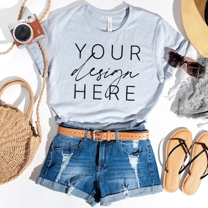 Bella Canvas 3001 Heather Prism Blue Mock Up | T-Shirt Mockup | Beach Shirt Mockup | SVG Mockup | 3001CVC Mockup | Summer Flat Lay