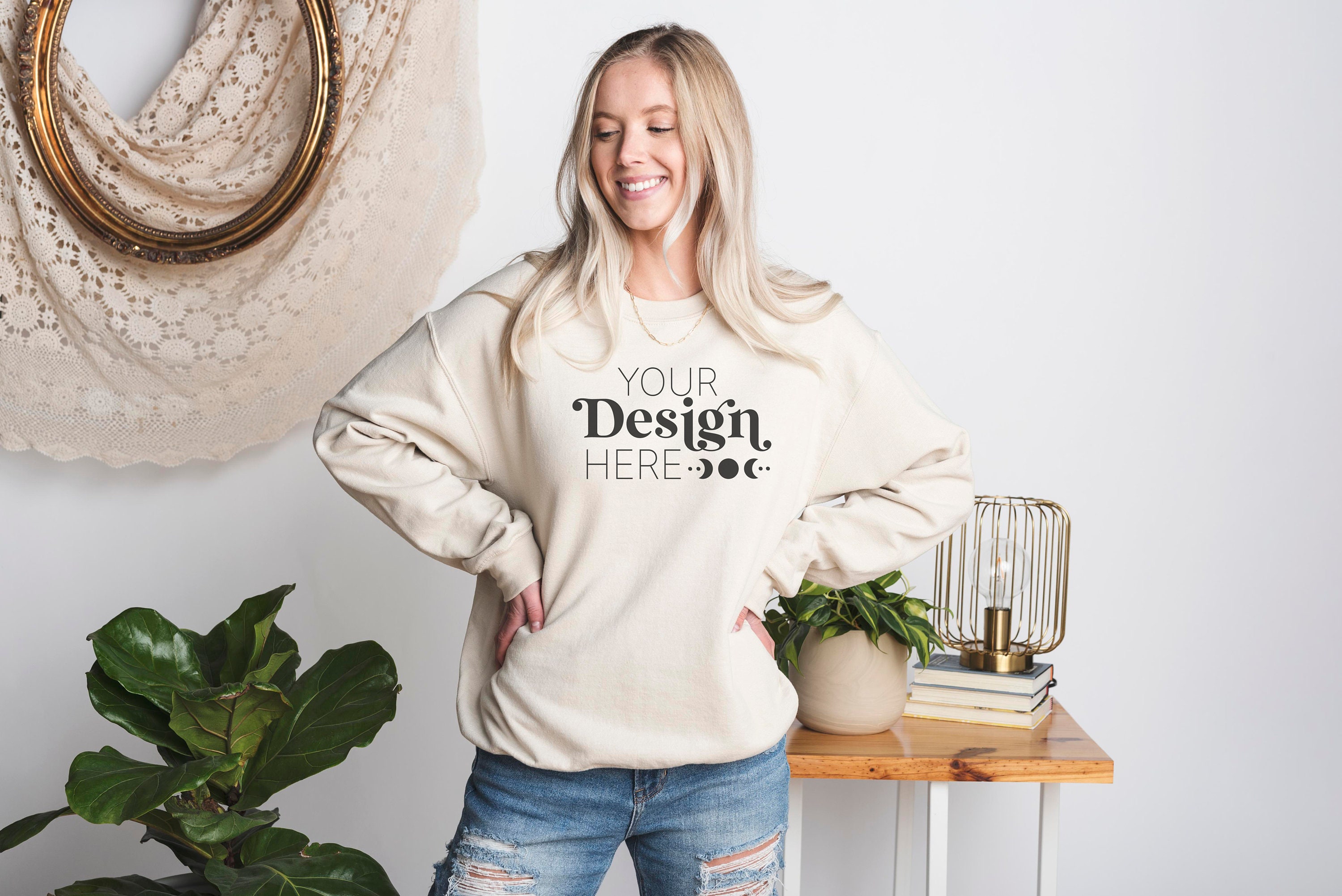Gildan Sand | 18000 Sand | Model Mockup | Gildan 18000 Mockup | Gildan Sand Sweatshirt Mockup | Sweatshirt Model Mockup | Sonder Square