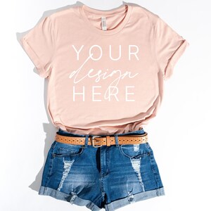 Bella Canvas 3001 Mockup | 3001 Heather Peach | T-Shirt Mockup | Shirt Flat Lay | 3001CVC Mock-Up | Summer Beach Flat Lay