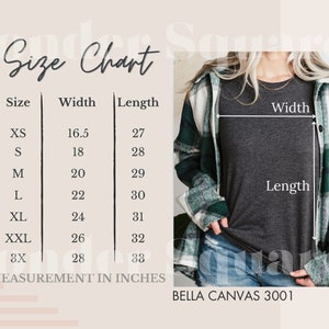 Bella Canvas 3001 Size Chart| Bella and Canvas 3001 Size Chart| Size Chart for Bella and Canvas 3001| Size Chart Mockup