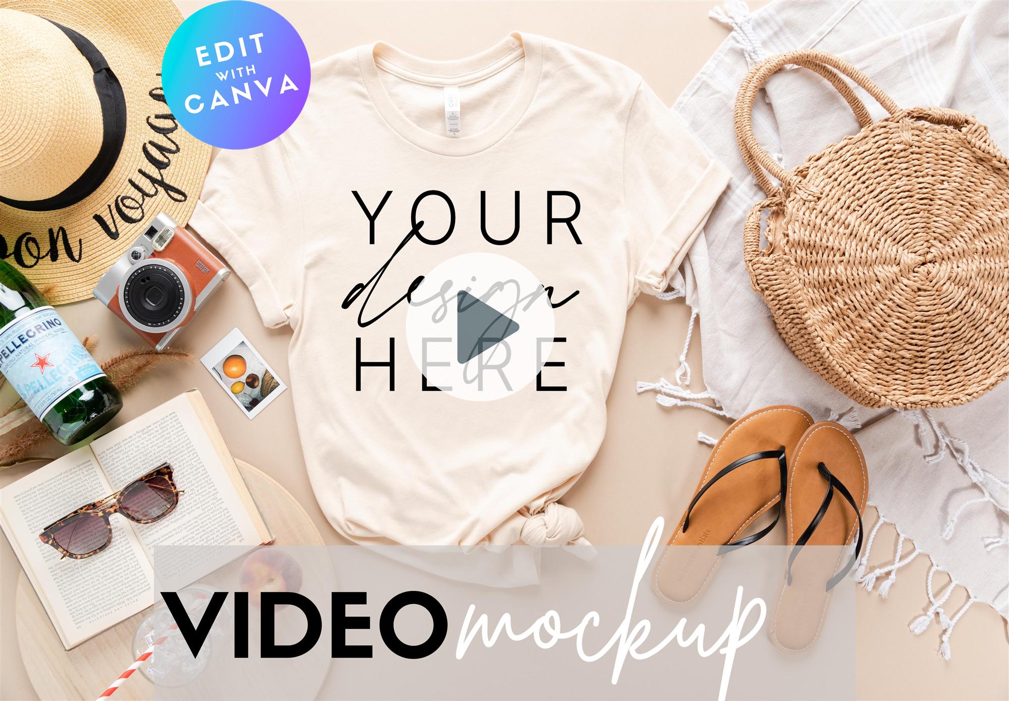 Video Mockup | Soft Cream Bella Canvas 3001 Mockup | Flat Lay | Beach Shirt Mockup | T-Shirt Flat Lay Mock Up