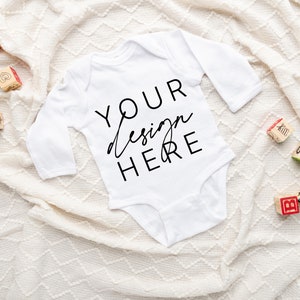 Rabbit Skins 4411 Long Sleeved Baby Bodysuit Mockup | 4411 Mockup | Rabbit Skins Mockup | 4411 White Bodysuit Mockup