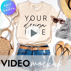 Video Mockup | Bella Canvas 3001 T-Shirt Soft Cream Summer | Animated Video Mockup | 3001 Soft Cream Mockup | Summer Flat Lay