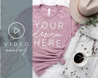 Video Mockup | Bella Canvas 3001 Heather Orchid Mockup | 3001 Mockup | Flat Lay T Shirt Mockup | Womens Shirt Mockup | Spring TShirt Mockup