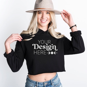 Bella Canvas 7502 Mockup | Black 7502 Mock Up | Crop Top Hoodie | Model Mockup | Print on Demand Crop