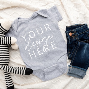 Rabbit Skins 4400 Heather Mockup | Rabbit Skins Mockup | Infant Bodysuit Flat Lay Mockup | Heather Grey Baby Bodysuit Mockup