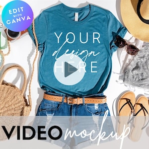 Video Mockup | Bella Canvas 3001 T-Shirt Heather Deep Teal Summer | Heather Deep Teal Summer Flat Lay | Animated Video Mockup