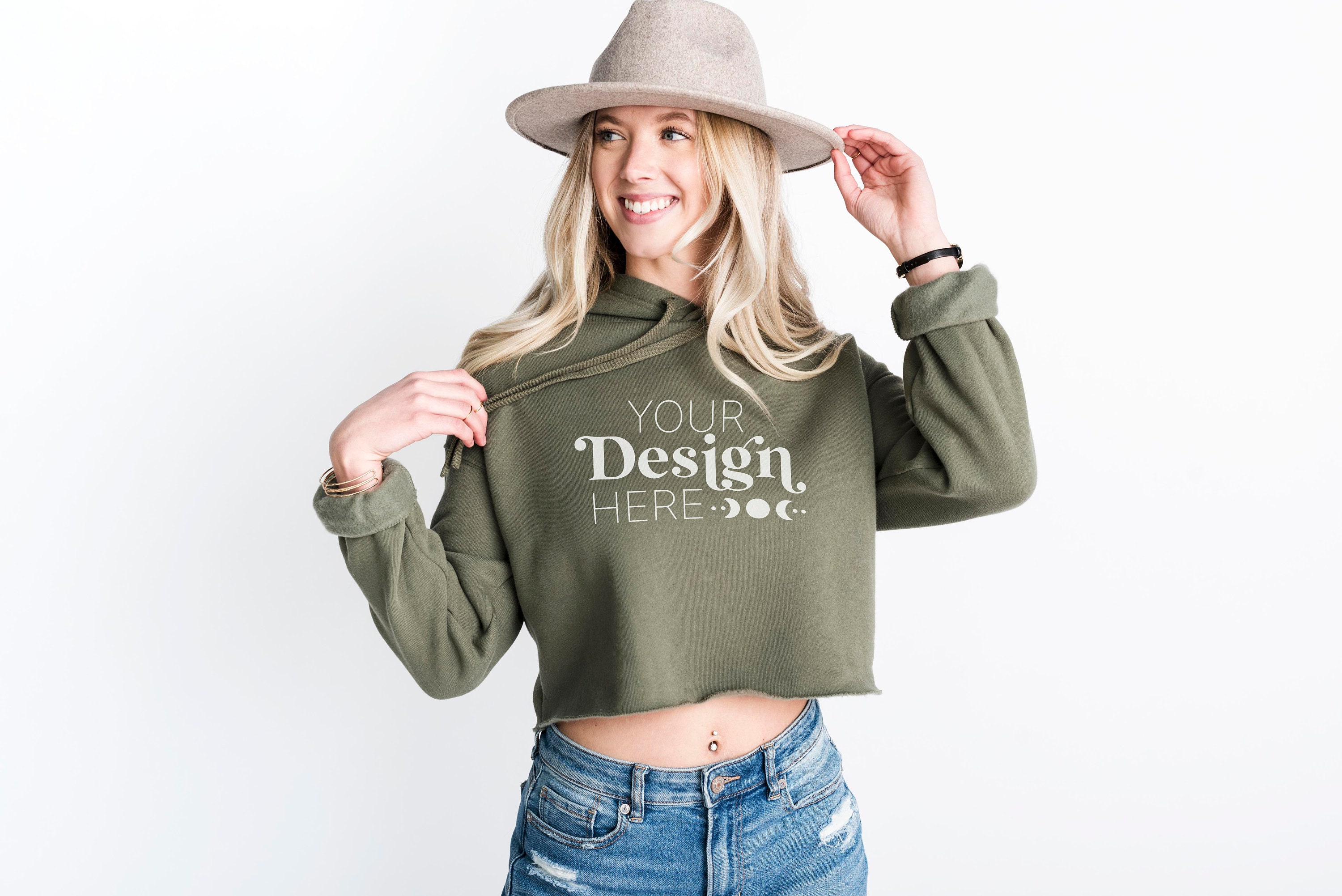 7502 Crop Hoodie Mockup Military Green | SVG Mockup | Spring Mockup | Bella Canvas 7502 Women's Cropped Fleece Hoodie Mockup | Model Mockup