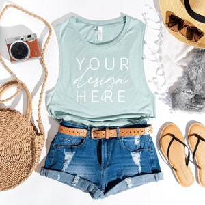 Bella Canvas 8803 Dusty Blue Muscle Tank Mockup | Bella + Canvas Mockup | Flat Lay | Summer Tank Top Mockup | Beach Mockup