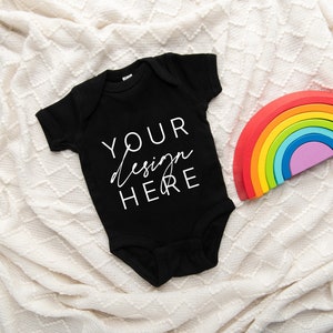Rabbit Skins Short Sleeve Baby Bodysuit Mockup | Black Baby Bodysuit Mockup | 4400 Mockup | Rainbow Baby Mockup | Kids Mockup