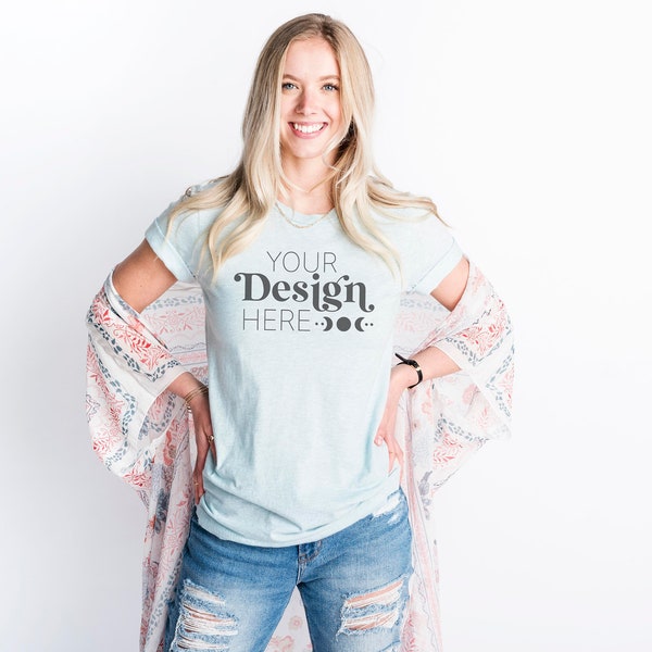 Spring Shirt Mockup | Heather Prism Ice Blue 3001 | Bella Canvas Mock Up | Summer Shirt Mockup | Easter Shirt Mockup | Model Mockup