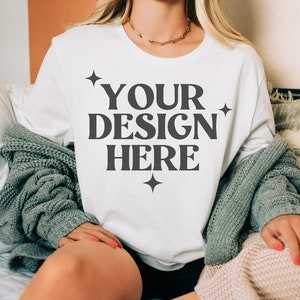 Mockup wit canvas Bella-model | 3001 witte mock-up | Mockup wit T-shirt | Mockup oversized shirt | Mockup echt model | Mockup bohomodel