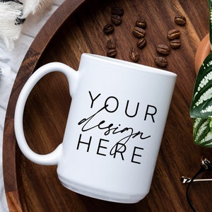 15oz Mug Coffee Beans Mockup | White Glossy Mug Mockup 15 oz Print on Demand Coffee Cup Flat Lay Mockup | Coffee SVG Mockup