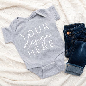 Rabbit Skins 4400 Heather Mockup | Rabbit Skins Mockup | Infant Bodysuit Flat Lay Mockup | Heather Grey Baby Bodysuit Mockup