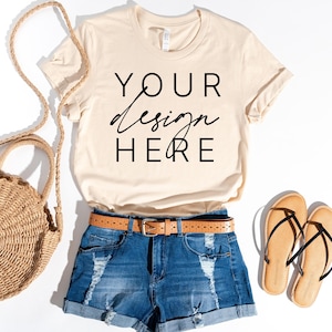 Bella Canvas 3001 T-Shirt Soft Cream Summer | Bella Canvas 3001 Soft Cream Mockup | Summer Flat Lay | Flat Lay Mockup