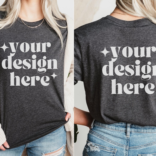 Front and Back Bella Canvas 3001 Dark Grey Heather Mockup, Backside Mockup, Front Back Mockup 3001, Dark Grey Heather T Shirt Mock Up,