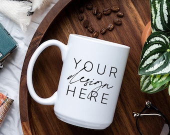 15oz Mug Mockup | Print on Demand Mug Mock up | 15 oz Mug Mock Up | Coffee Beans Heart Blank White Mug Flat Lay