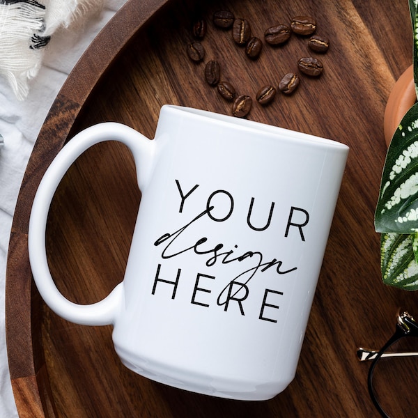 15oz Mug Mockup | Print on Demand Mug Mock up | 15 oz Mug Mock Up | Coffee Beans Heart Blank White Mug Flat Lay