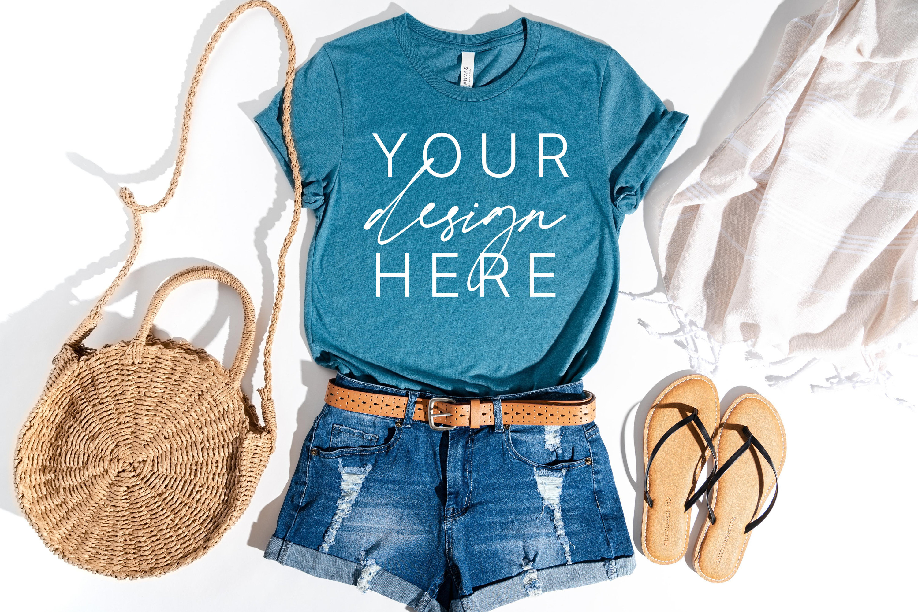 Bella Canvas 3001 T-Shirt Heather Deep Teal Summer | Summer Bella Canvas Mockup | Bella Canvas Heather Deep Teal Shirt Mockup