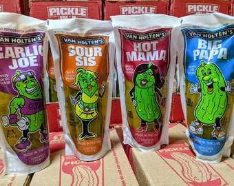 Van Holten's King Size Pickle Selection featuring Big Papa Dill Pickle, Hot Mama Dill Pickle, Sour Sis & Garlic Joe Pickles