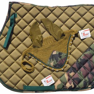 Hand Made Camo Luxury English Saddle Pad Set with Matching Fly Bonnet Veil Ear Net saddle pad, ear bonnet