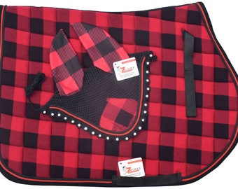 Handmade Buffalo Plaid All Purpose English Saddle Pad  Fly Bonnet Special gift Handmade jumping saddle pad fly bonnet