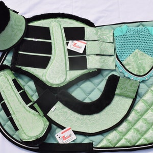 HandMade Luxury Mint Green Horse English Saddle Pad with Matching Fly Bonnet Veil Ear Net