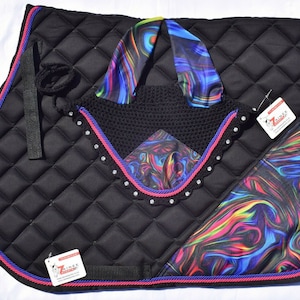 Handmade Galaxy Hand Made Luxury All Purpose English Saddle Pad with Matching Fly Bonnet Veil Ear Net saddle pad