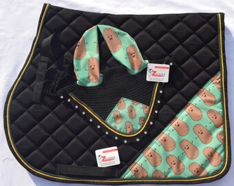 Potato Pattern Black All Purpose English Saddle Pad with matching fly bonnet