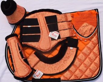 Handmade Luxury orange Horse English Saddle Pad with Matching Fly Bonnet Veil Ear Net